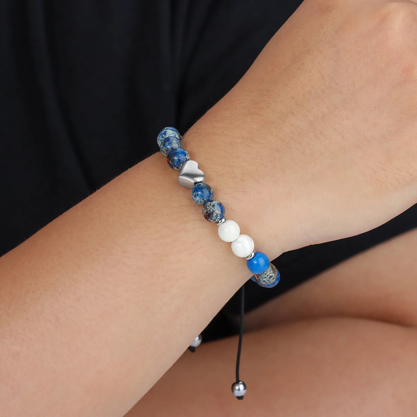 Ajatine blue-blend beaded bracelet with heart charm, natural stone jewelry