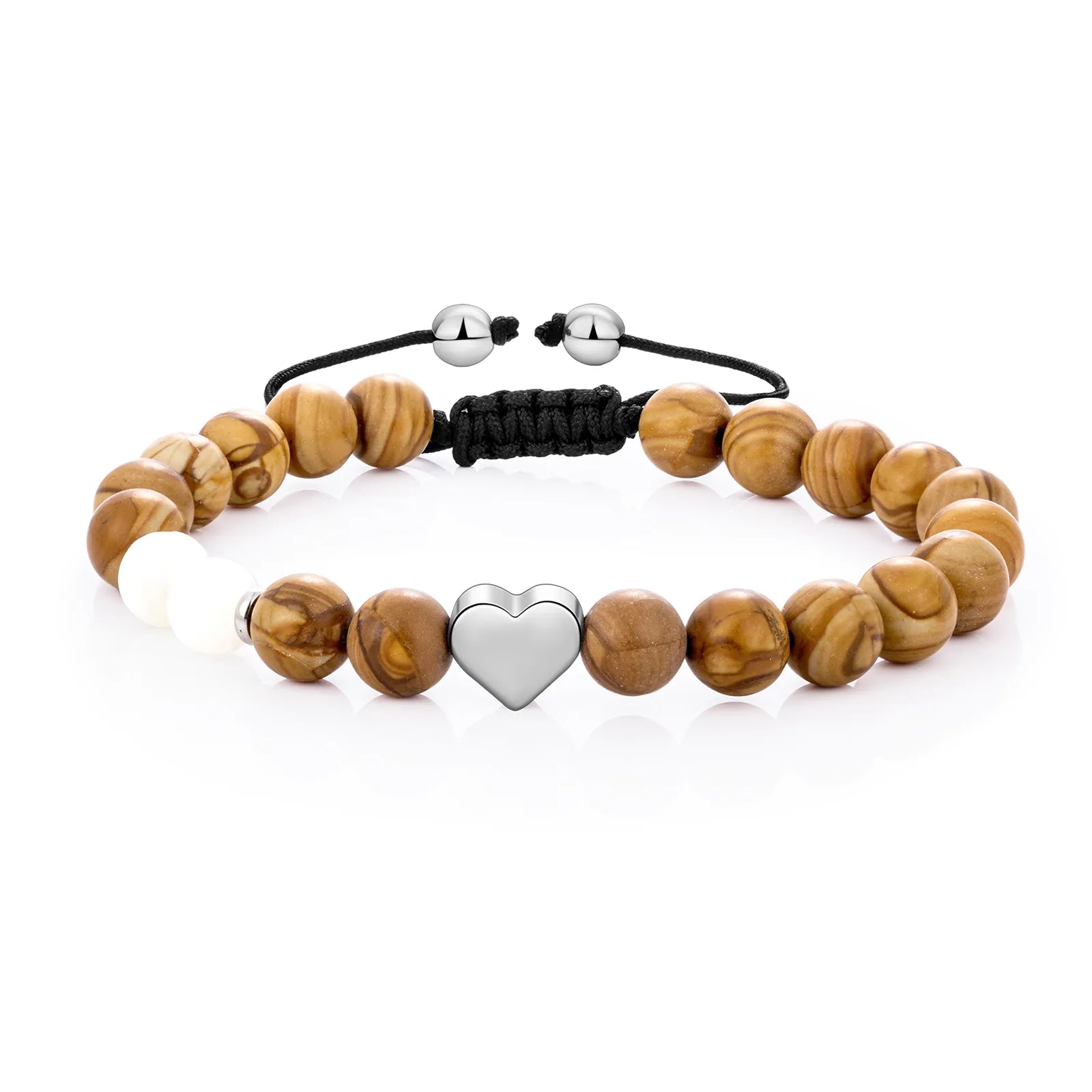 Ajatine woody beaded bracelet with heart charm, natural stone jewelry