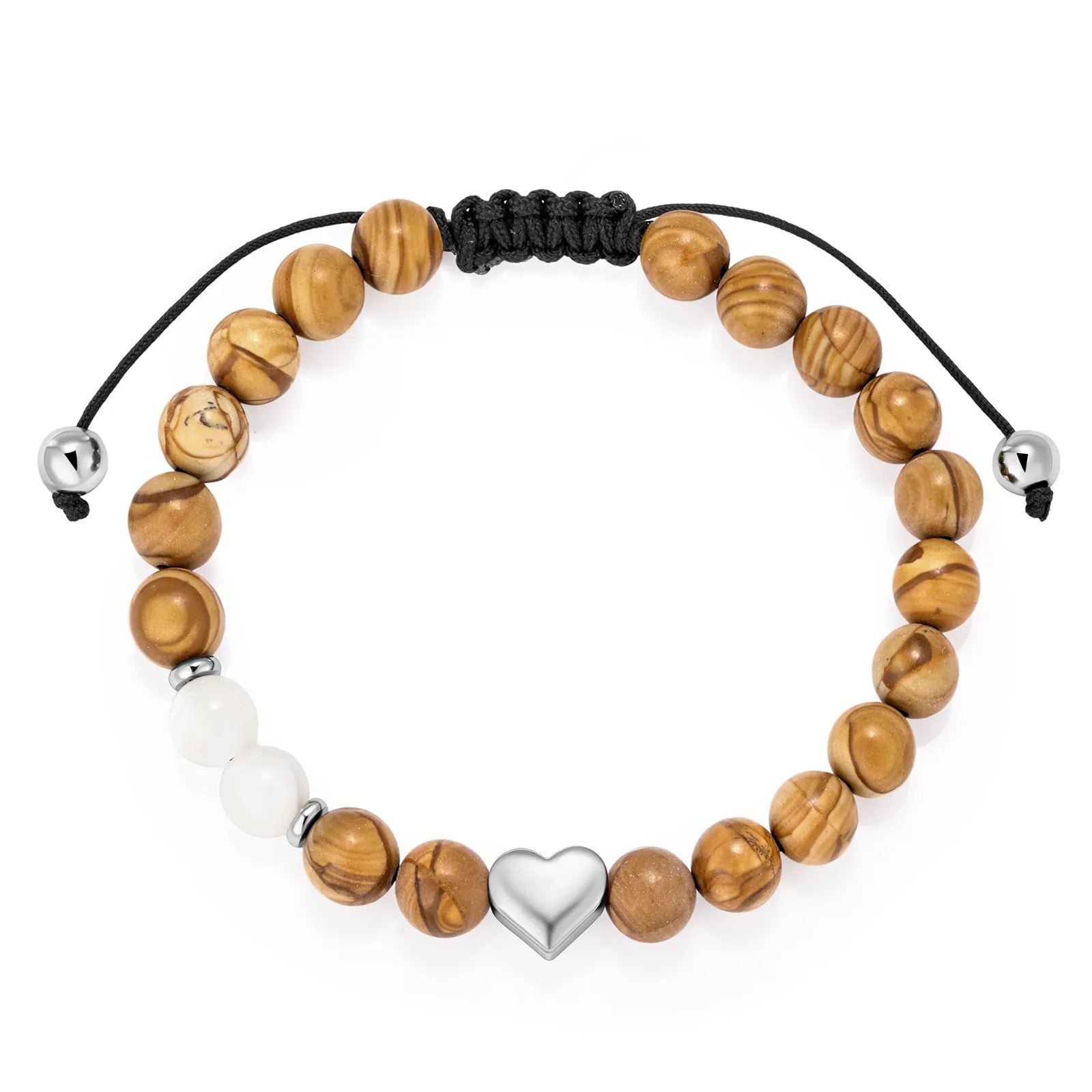 Ajatine woody beaded bracelet with heart charm, natural stone jewelry