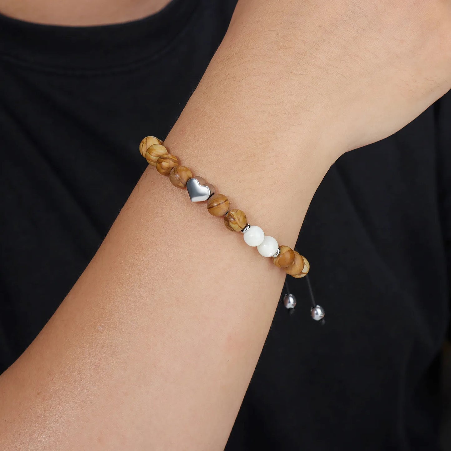 Ajatine woody beaded bracelet with heart charm, natural stone jewelry