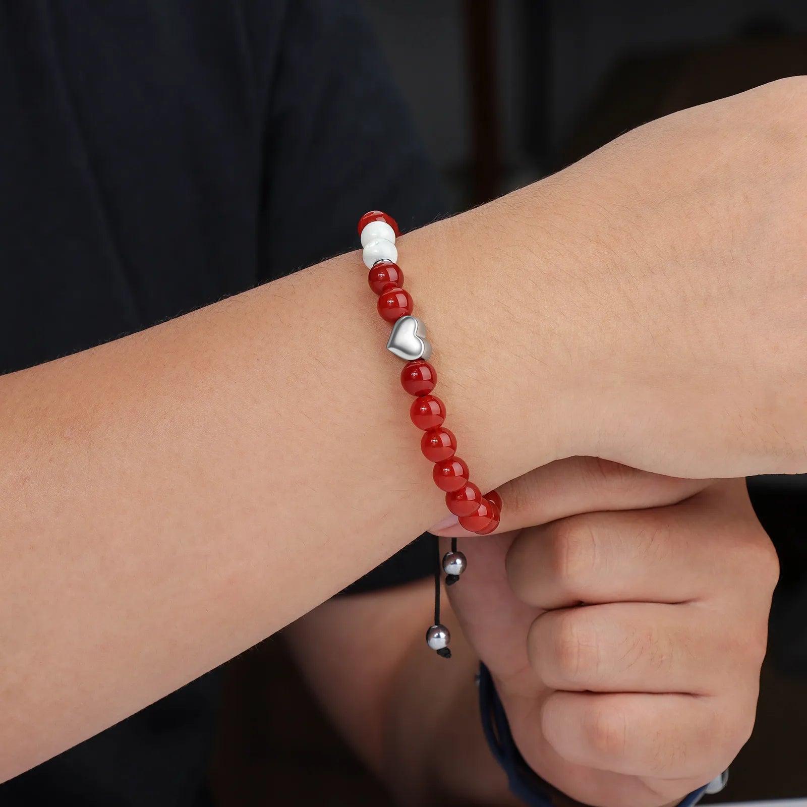 Ajatine red beaded bracelet with heart charm, natural stone jewelry