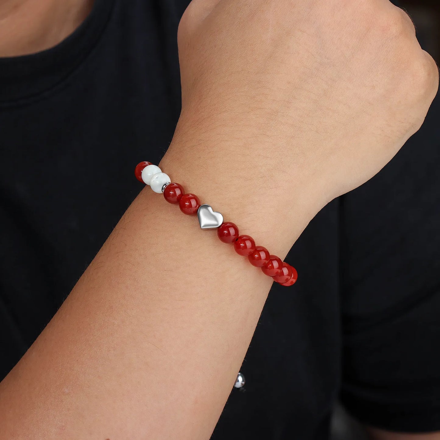 Ajatine red beaded bracelet with heart charm, natural stone jewelry