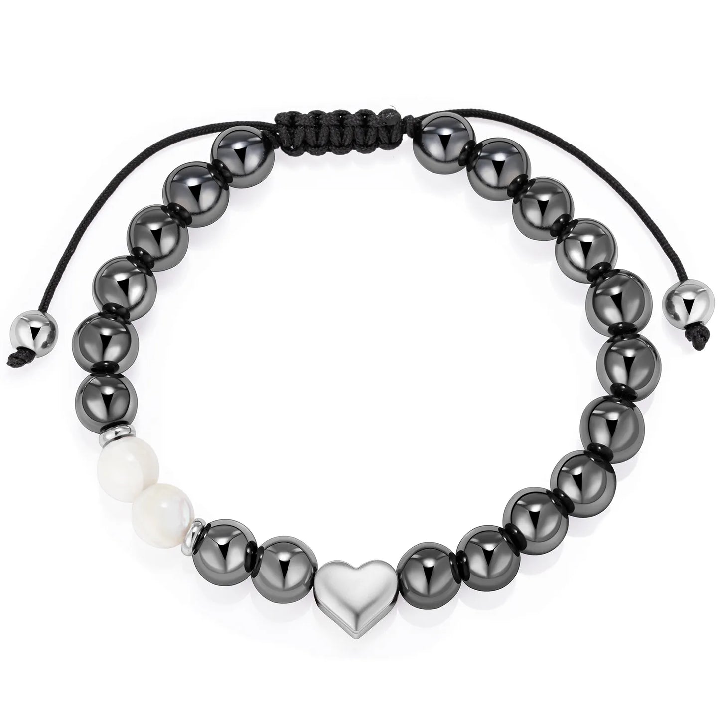 Ajatine dark silver beaded bracelet with heart charm, natural stone jewelry