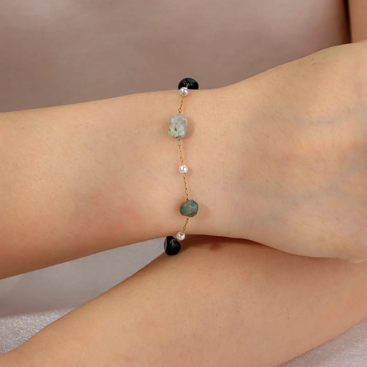 AJATINE Fashion Pearl Gold Chain Bracelet with Unique stones
