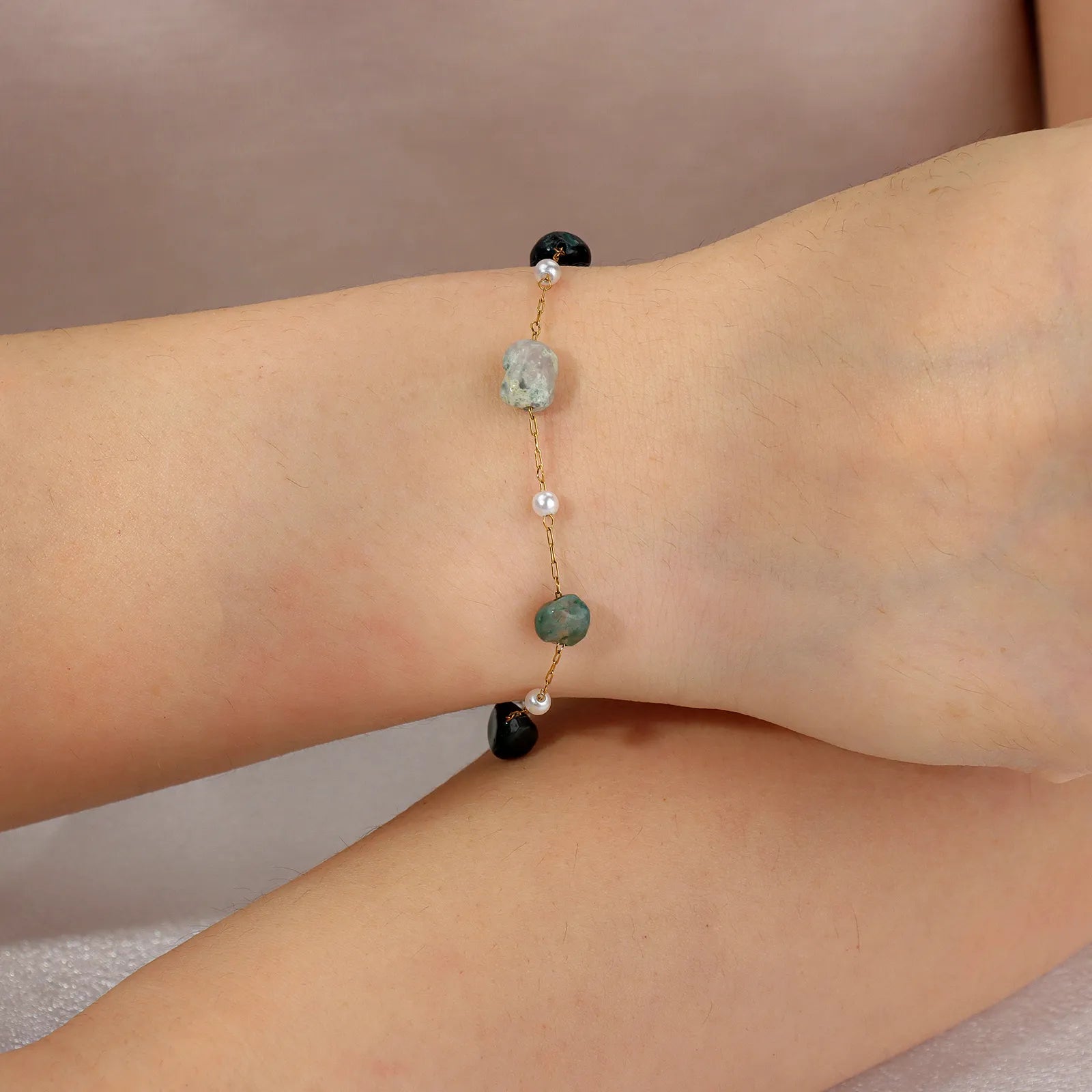 AJATINE Fashion Pearl Gold Chain Bracelet with Unique stones