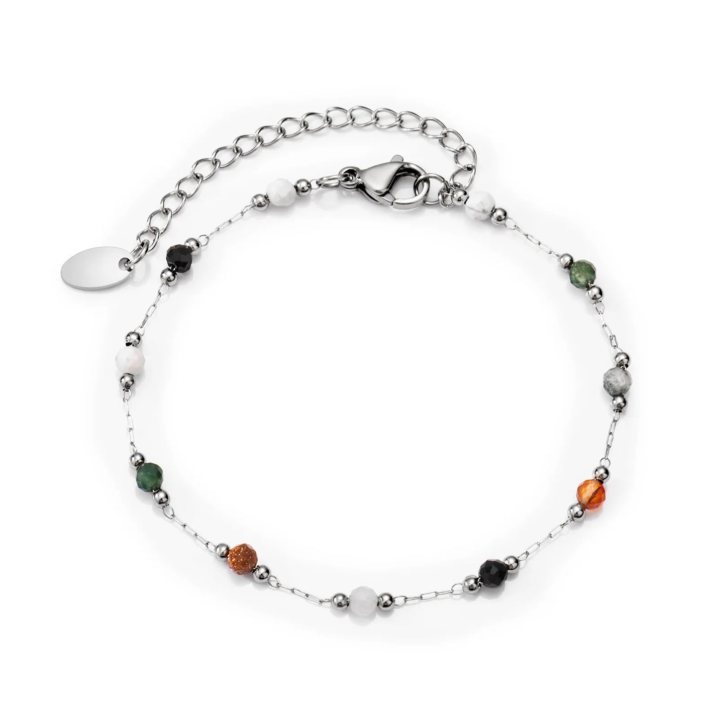 Ajatine silver beaded bracelet with white, green, yellow, black stones, bohemian style