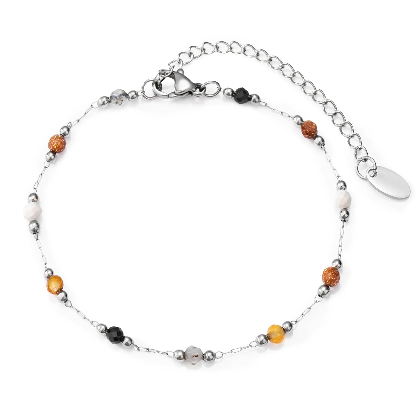 Ajatine silver beaded bracelet with white, green, yellow, black stones, bohemian style
