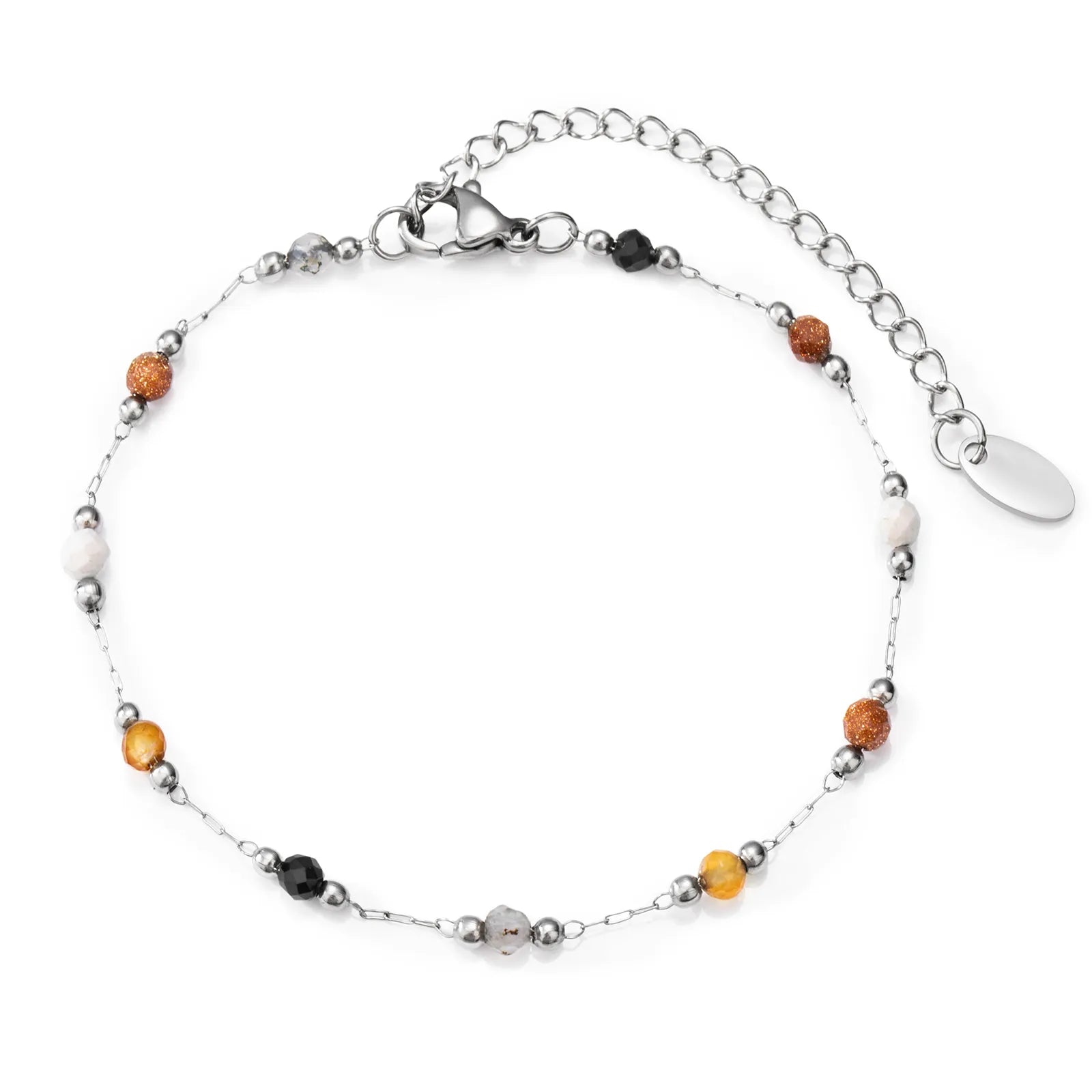 Ajatine silver beaded bracelet with white, green, yellow, black stones, bohemian style