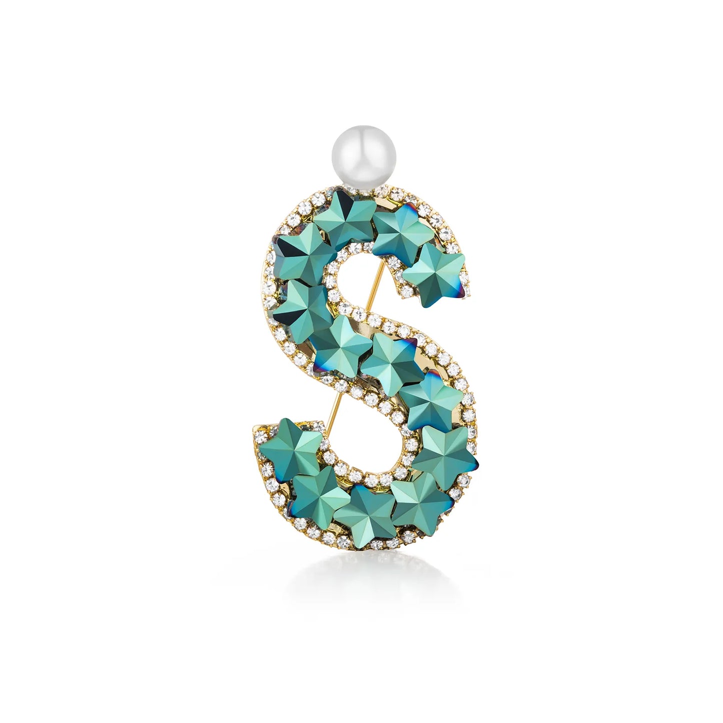 Ajatine letter S brooch with blue star crystals and a pearl, elegant fashion jewelry