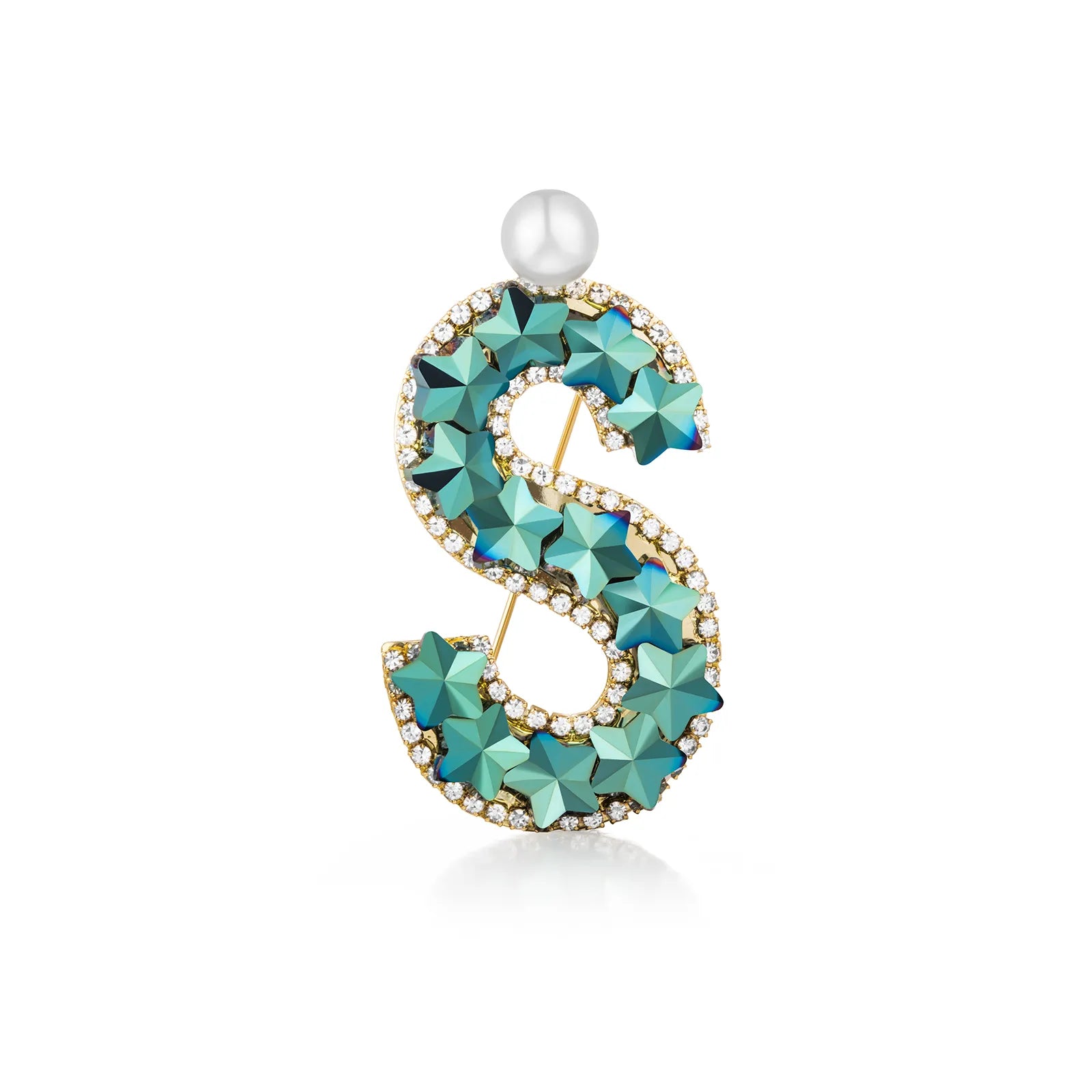 Ajatine letter S brooch with blue star crystals and a pearl, elegant fashion jewelry
