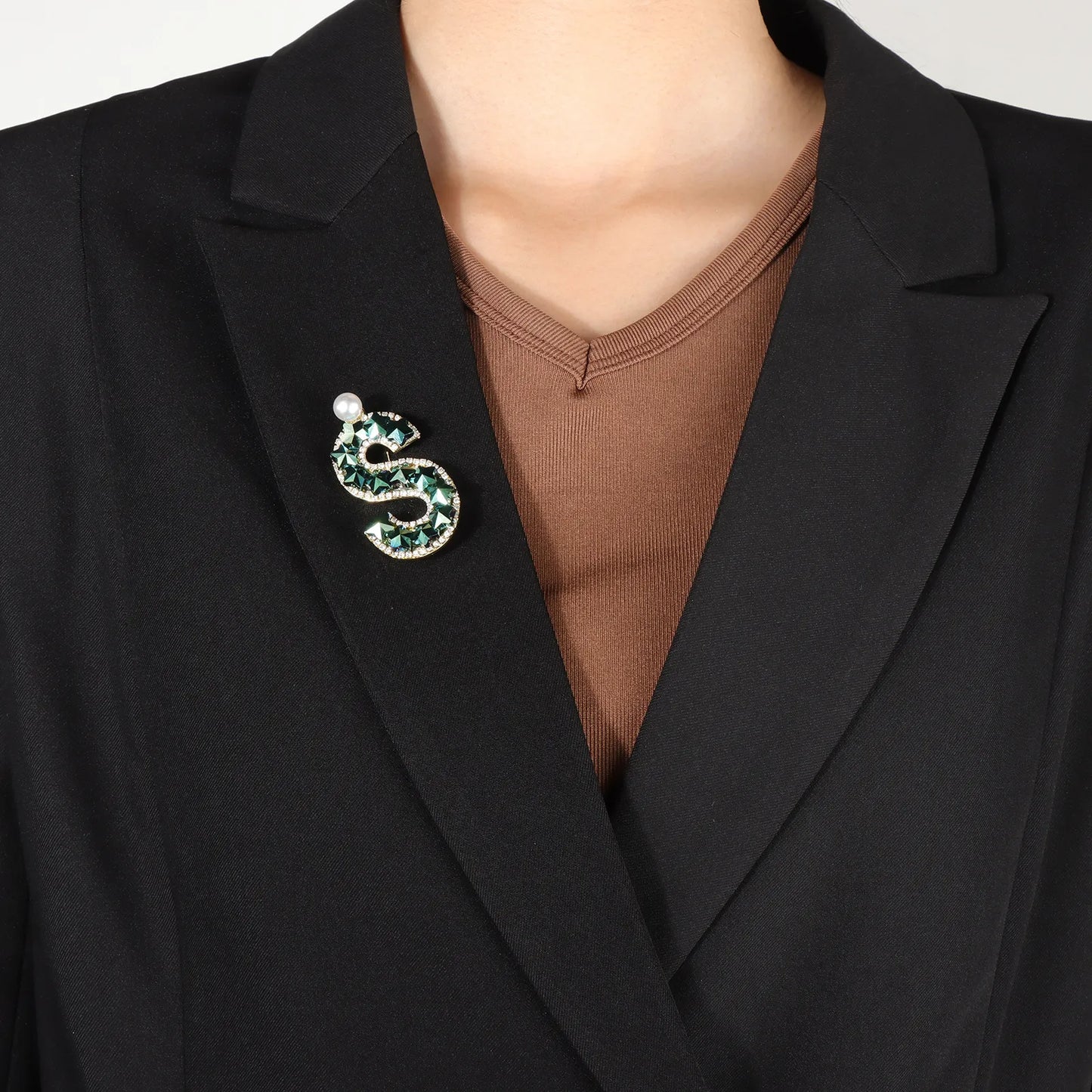 Ajatine letter S brooch with blue star crystals and a pearl, elegant fashion jewelry