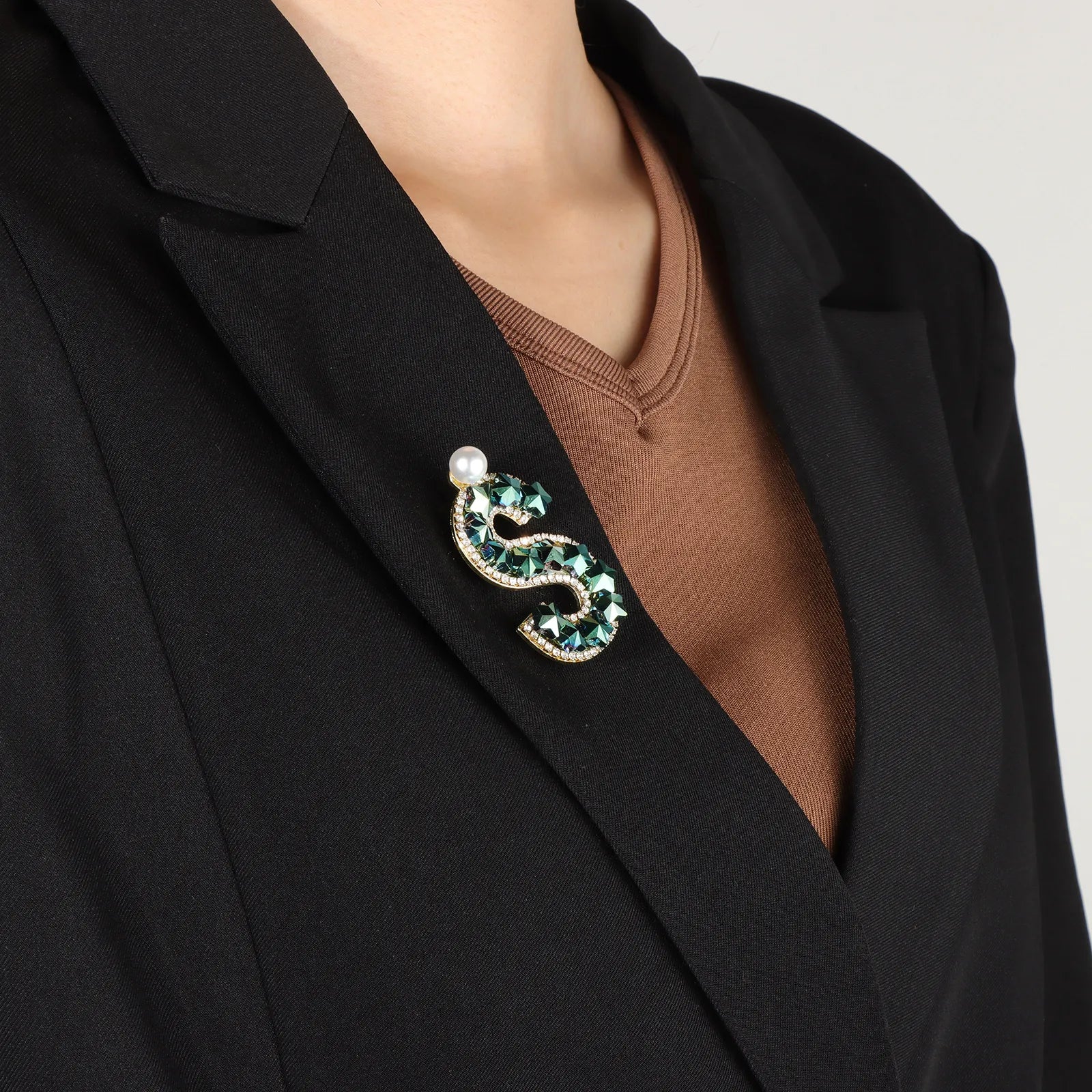 Ajatine letter S brooch with blue star crystals and a pearl, elegant fashion jewelry