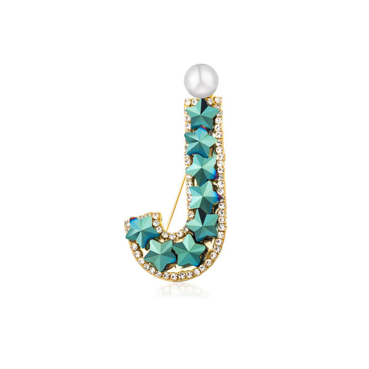 Ajatine letter J brooch with blue star crystals and a pearl, elegant fashion jewelry