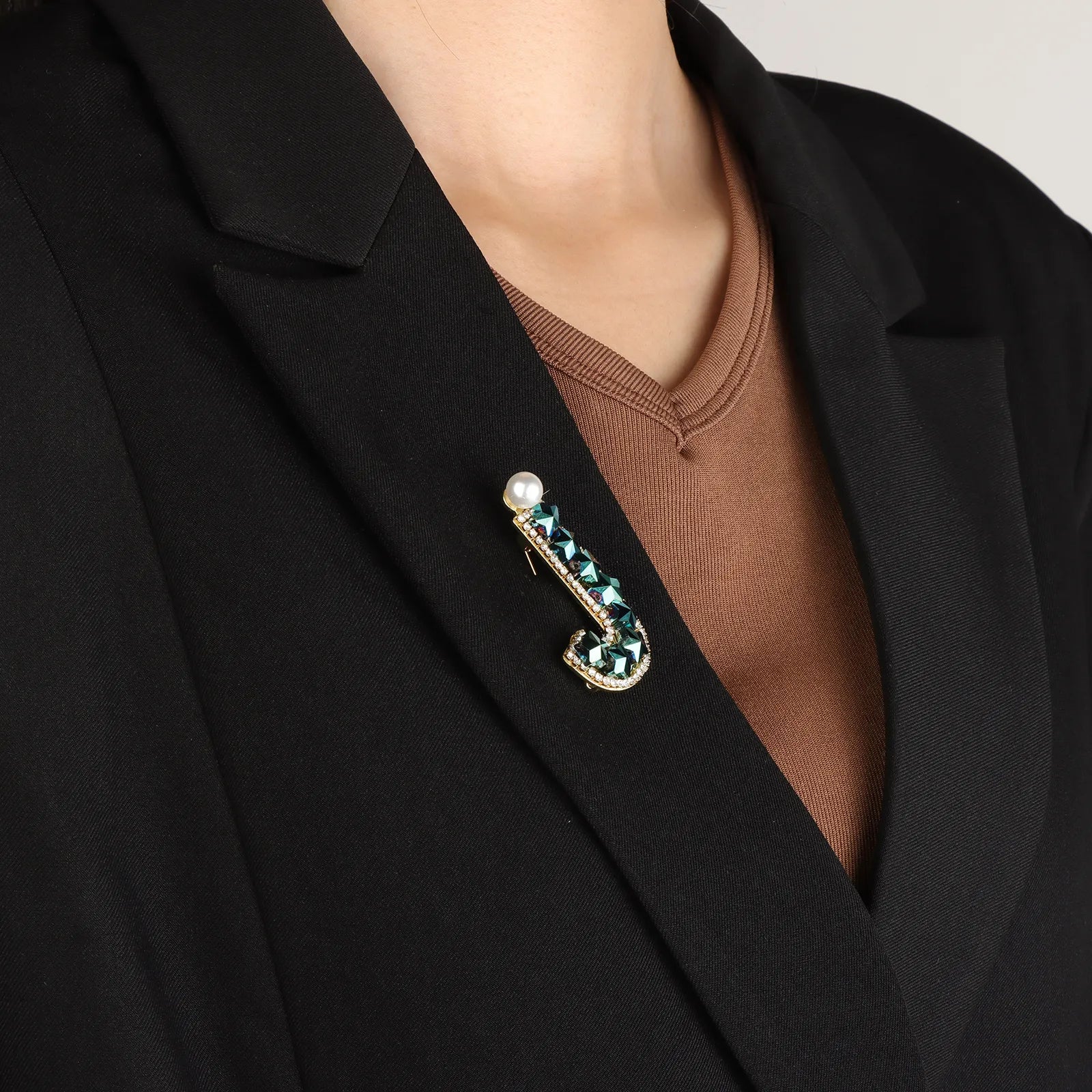 Ajatine letter J brooch with blue star crystals and a pearl, elegant fashion jewelry
