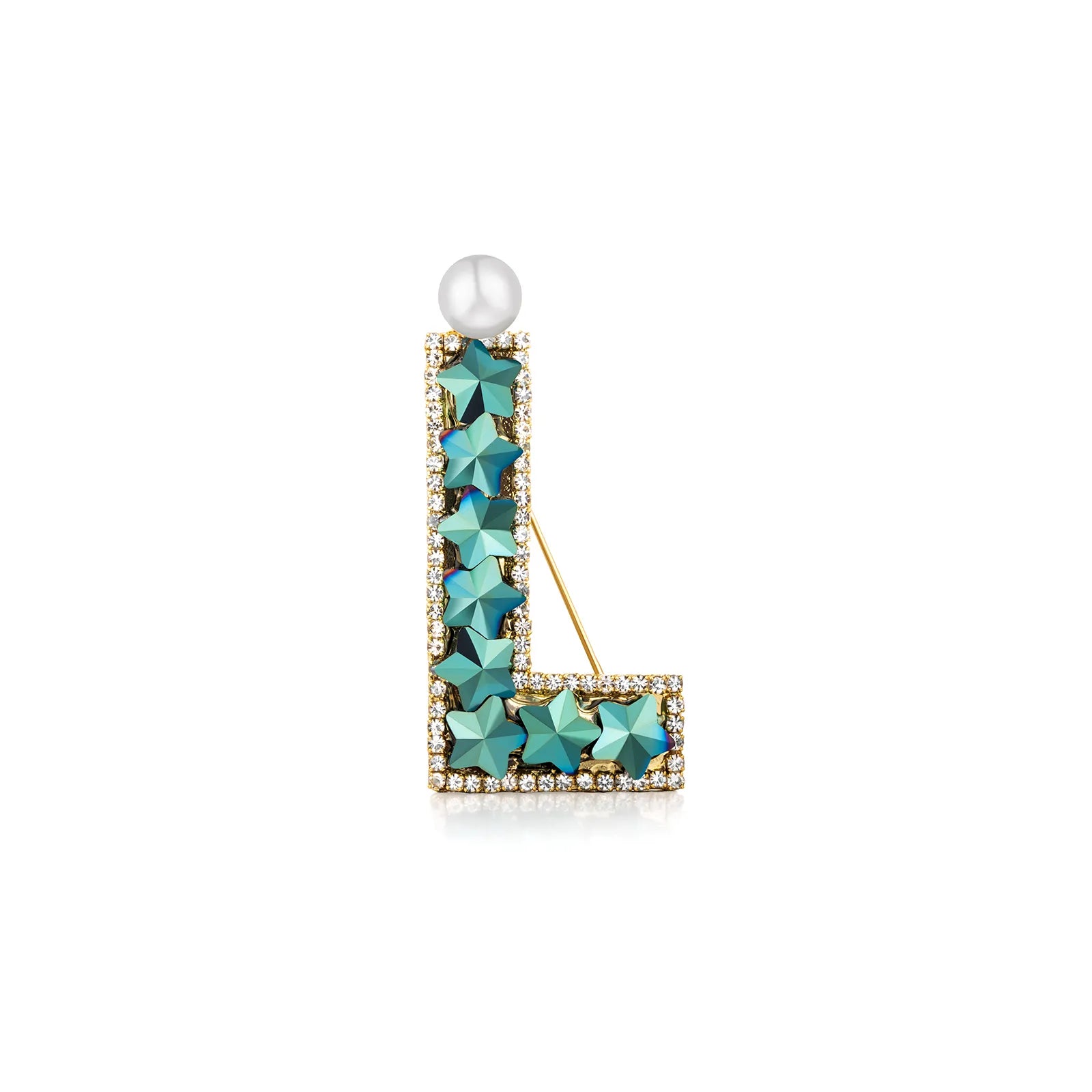 Ajatine letter L brooch with blue star crystals and a pearl, elegant fashion jewelry