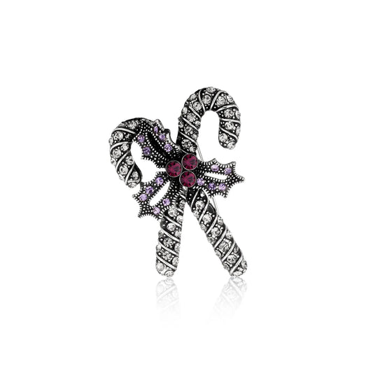 Ajatine vintage candy cane brooch with crystals, fashion accessory for women