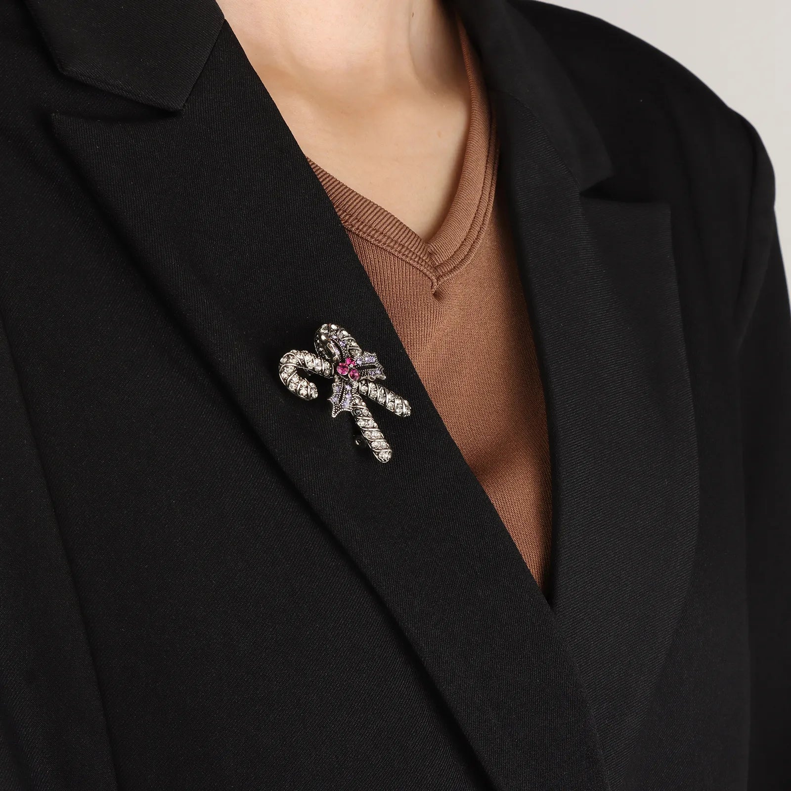 Ajatine vintage candy cane brooch with crystals, fashion accessory for women