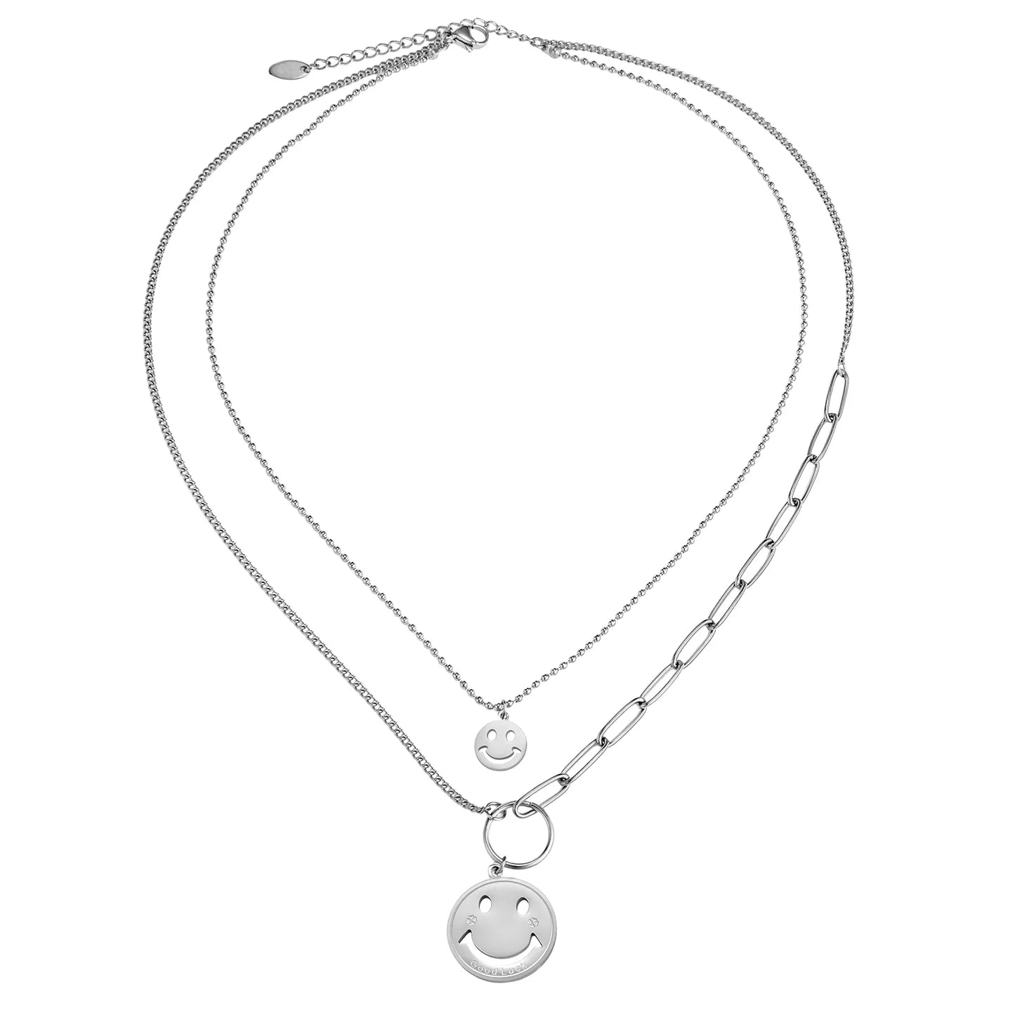 Ajatine silver double layer smiley face necklace, suitable for both daily wear and special occasions.