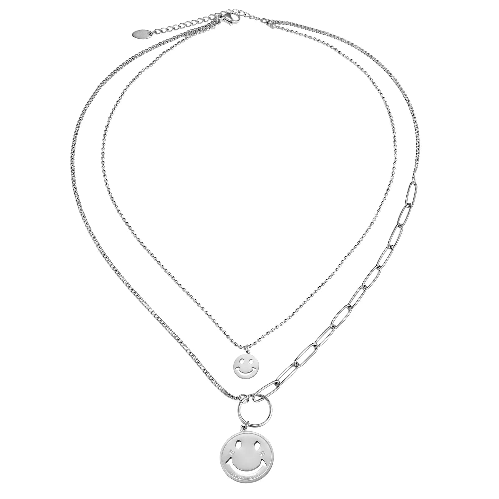 Ajatine silver double layer smiley face necklace, suitable for both daily wear and special occasions.