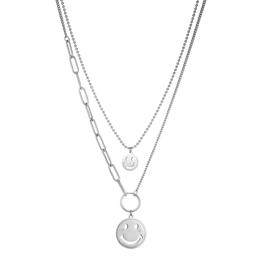 Ajatine silver double layer smiley face necklace, suitable for both daily wear and special occasions.