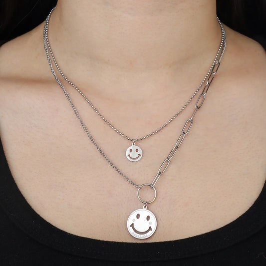 Ajatine silver double layer smiley face necklace, suitable for both daily wear and special occasions.