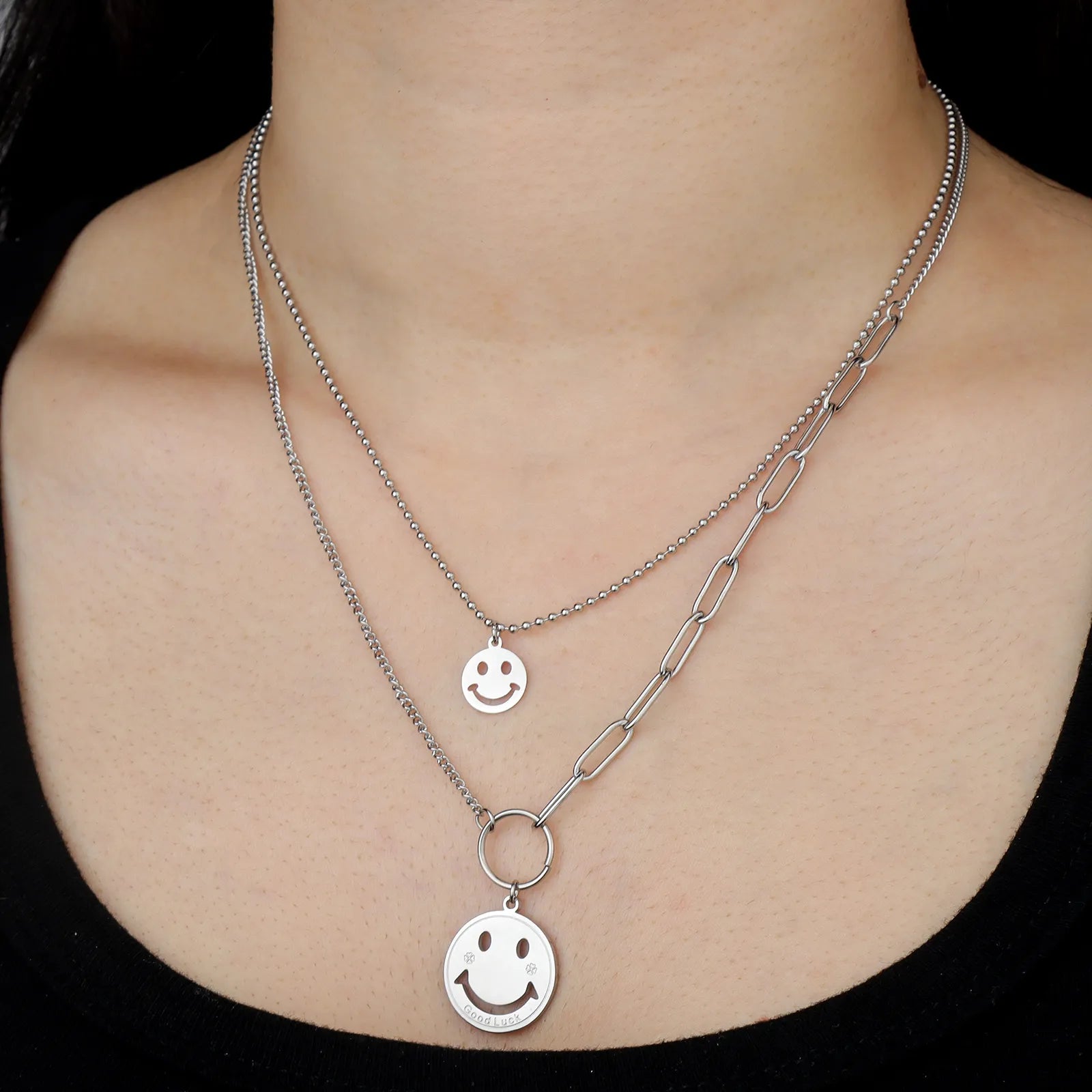 Ajatine silver double layer smiley face necklace, suitable for both daily wear and special occasions.