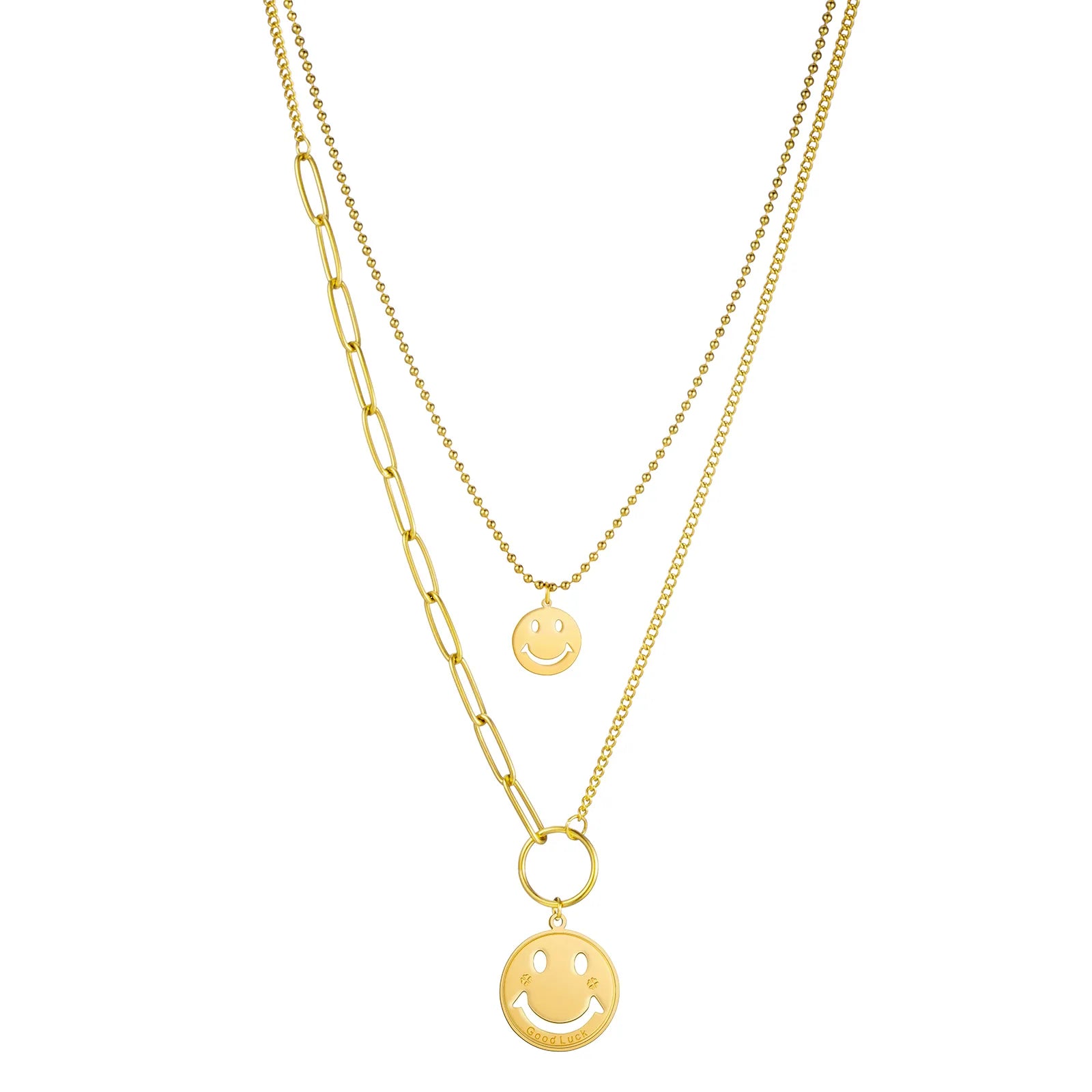 Ajatine gold double layer smiley face necklace, suitable for both daily wear and special occasions.