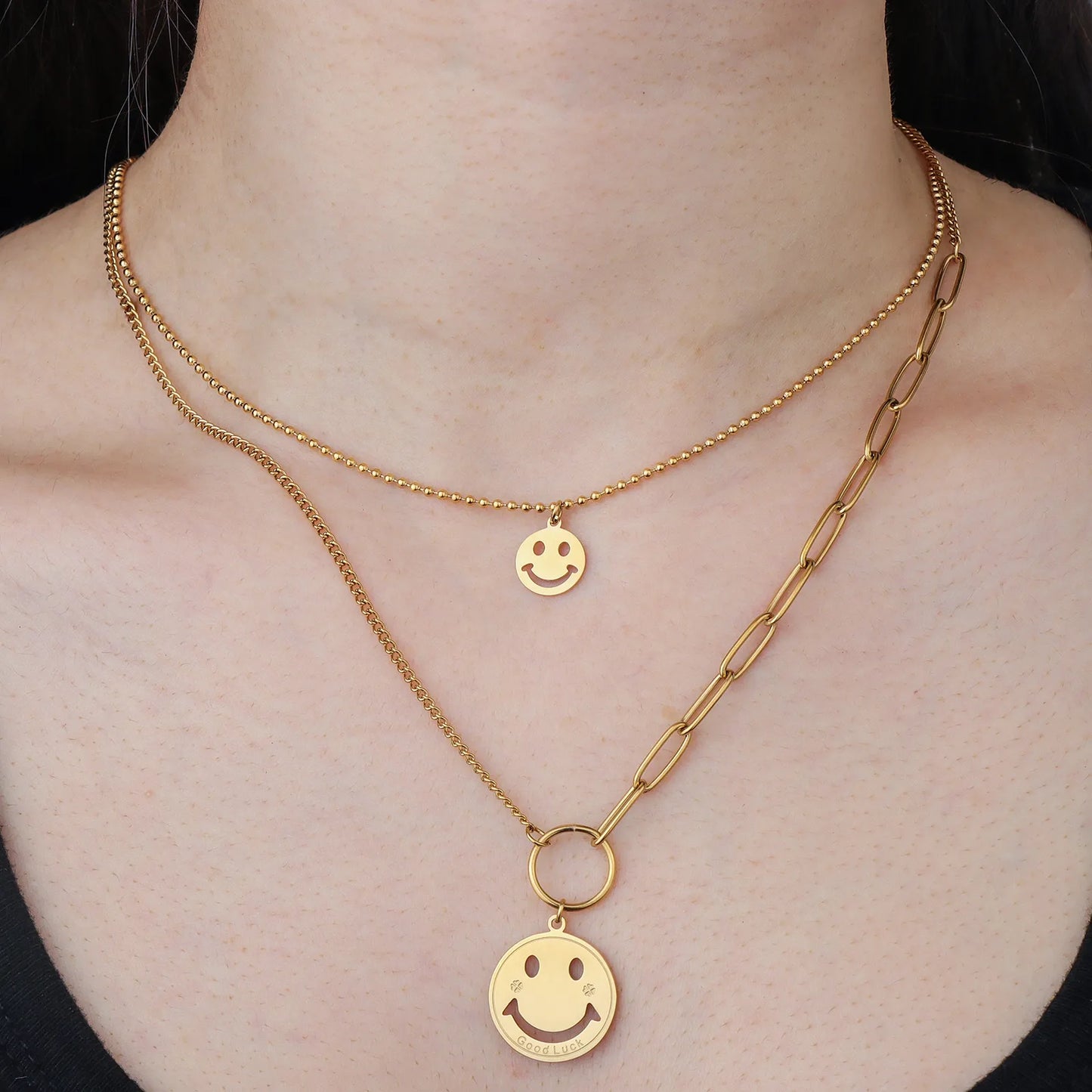 Ajatine gold double layer smiley face necklace, suitable for both daily wear and special occasions.