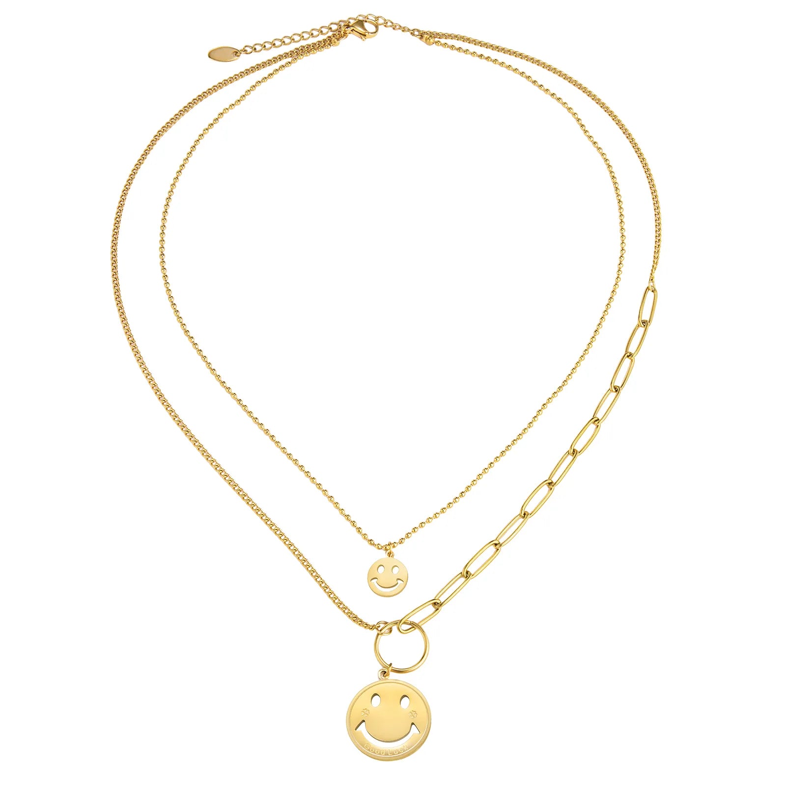 Ajatine gold double layer smiley face necklace, suitable for both daily wear and special occasions.