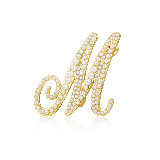 Ajatine gold pearl initial M brooch with elegant design, featuring pearls