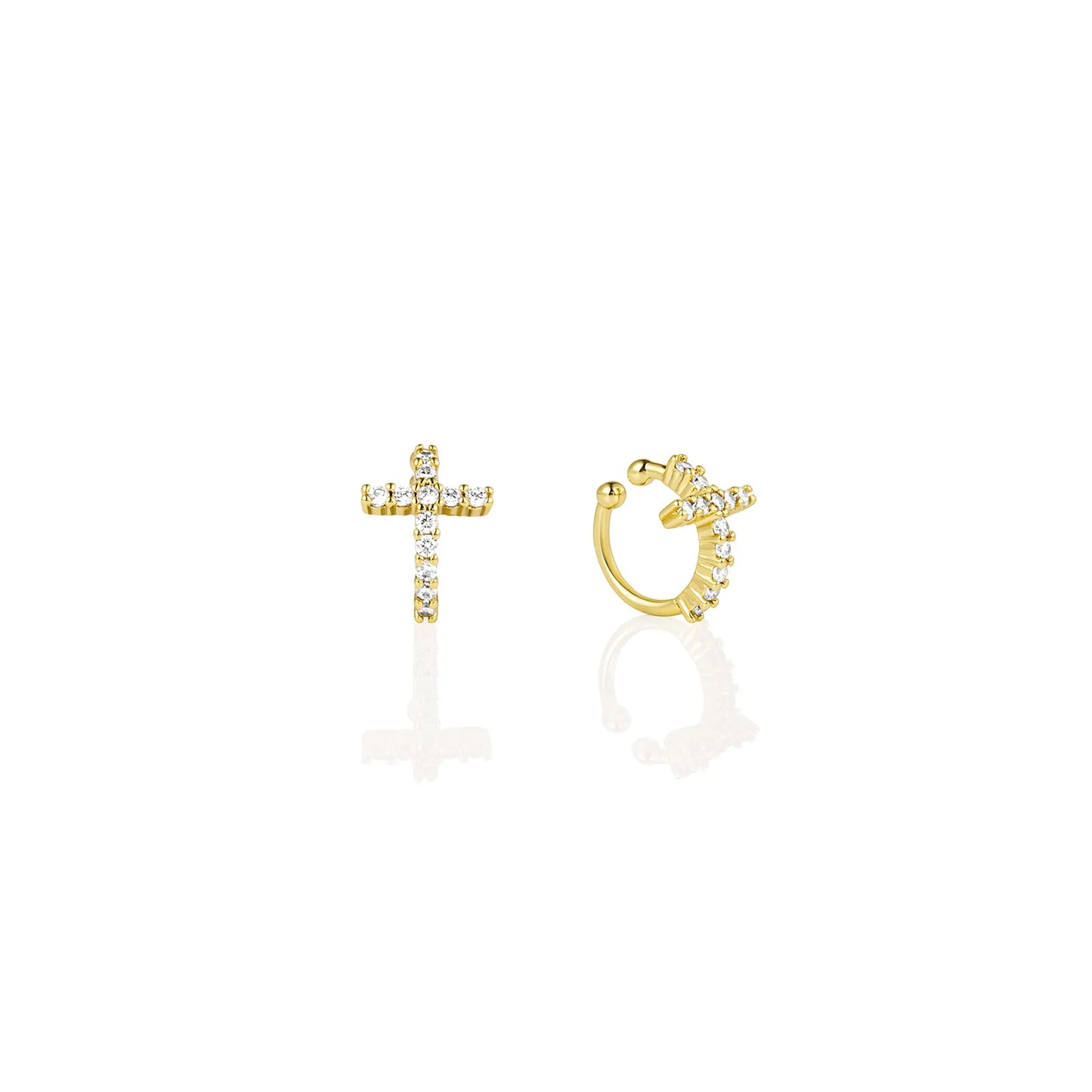 Ajatine asymmetric cross CZ ear cuffs in gold, featuring sparkling stones for elegant daily and party wear