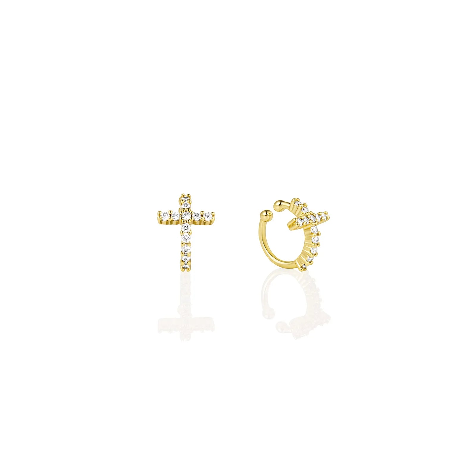 Ajatine asymmetric cross CZ ear cuffs in gold, featuring sparkling stones for elegant daily and party wear