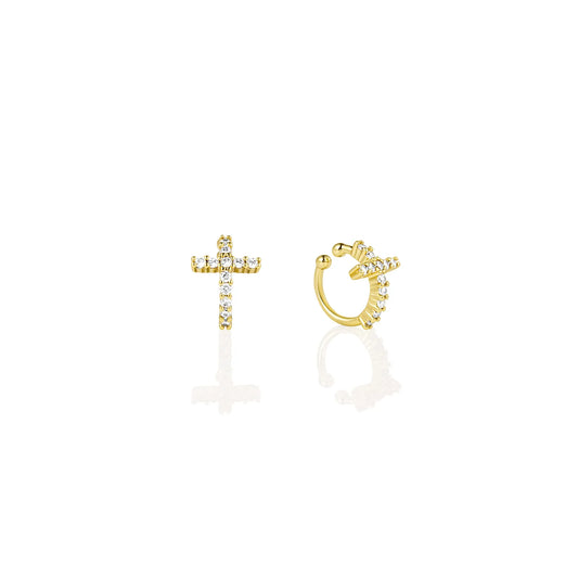 Ajatine asymmetric cross CZ ear cuffs in gold, featuring sparkling stones for elegant daily and party wear