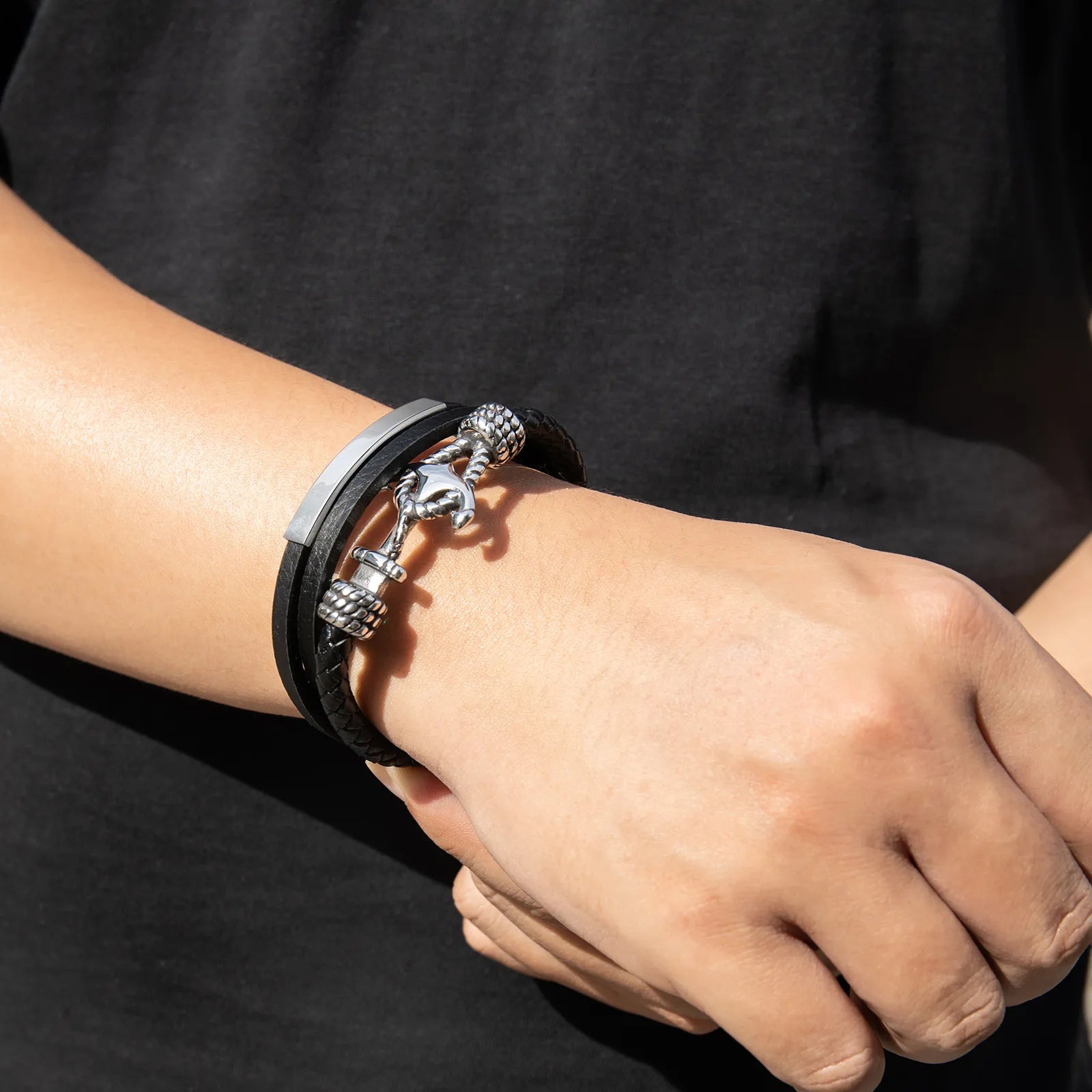 Ajatine men's leather bracelet with stainless steel anchor, multi - layer nautical style