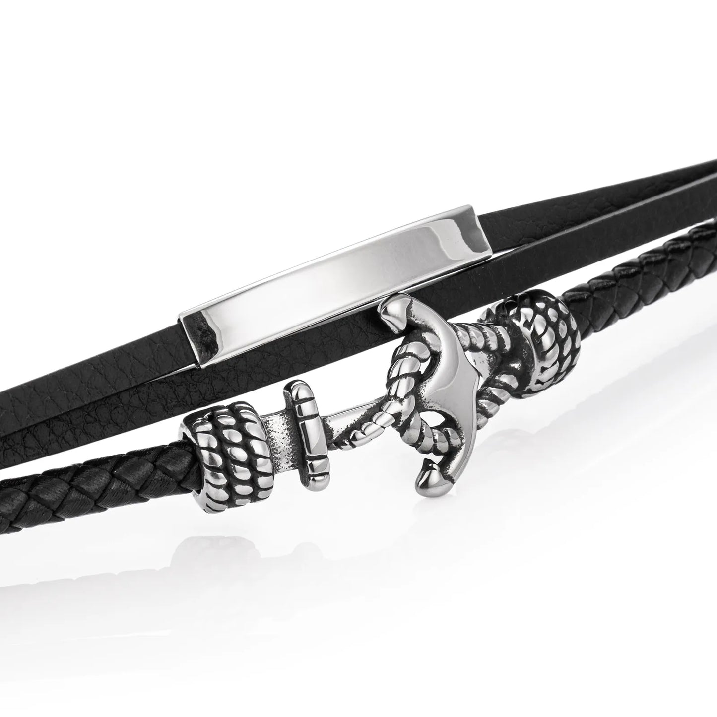 Ajatine men's leather bracelet with stainless steel anchor, multi - layer nautical style