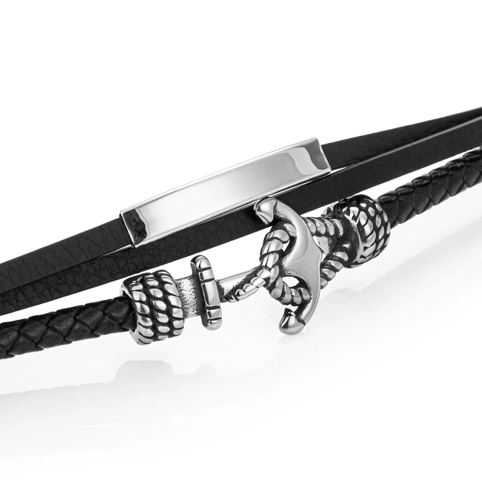 Ajatine men's leather bracelet with stainless steel anchor, multi - layer nautical style