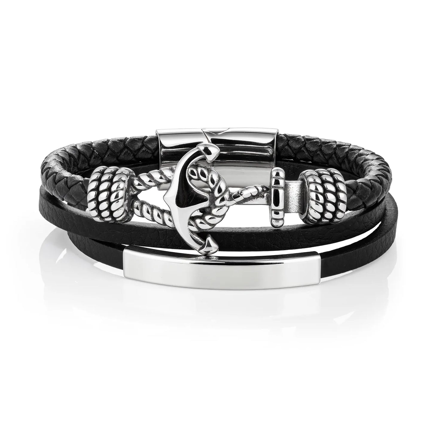 Ajatine men's leather bracelet with stainless steel anchor, multi - layer nautical style
