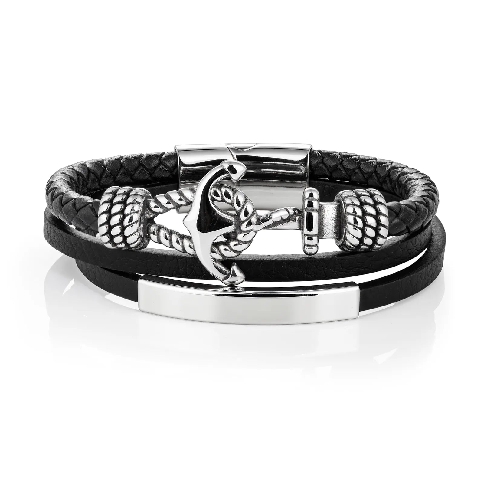 Ajatine men's leather bracelet with stainless steel anchor, multi - layer nautical style