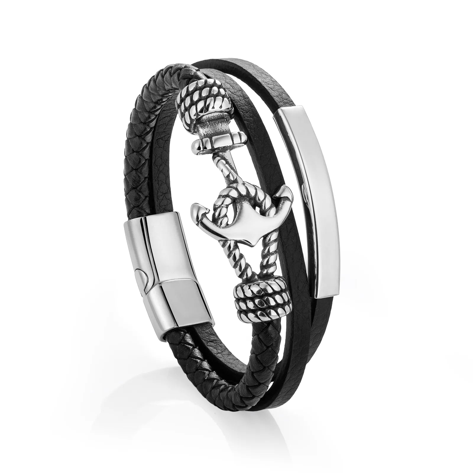 Ajatine men's leather bracelet with stainless steel anchor, multi - layer nautical style