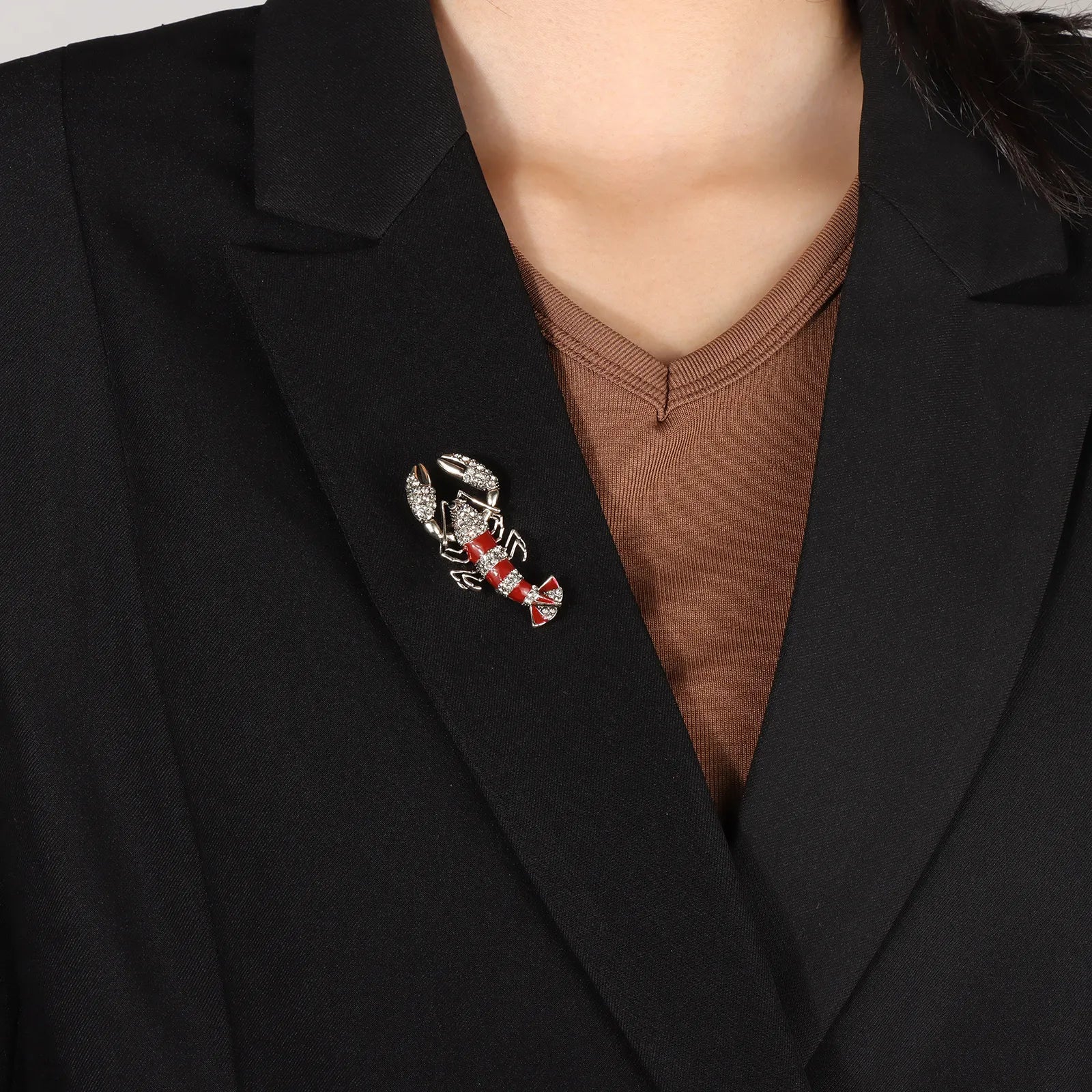 Ajatine red lobster brooch with crystal, fashion animal jewelry