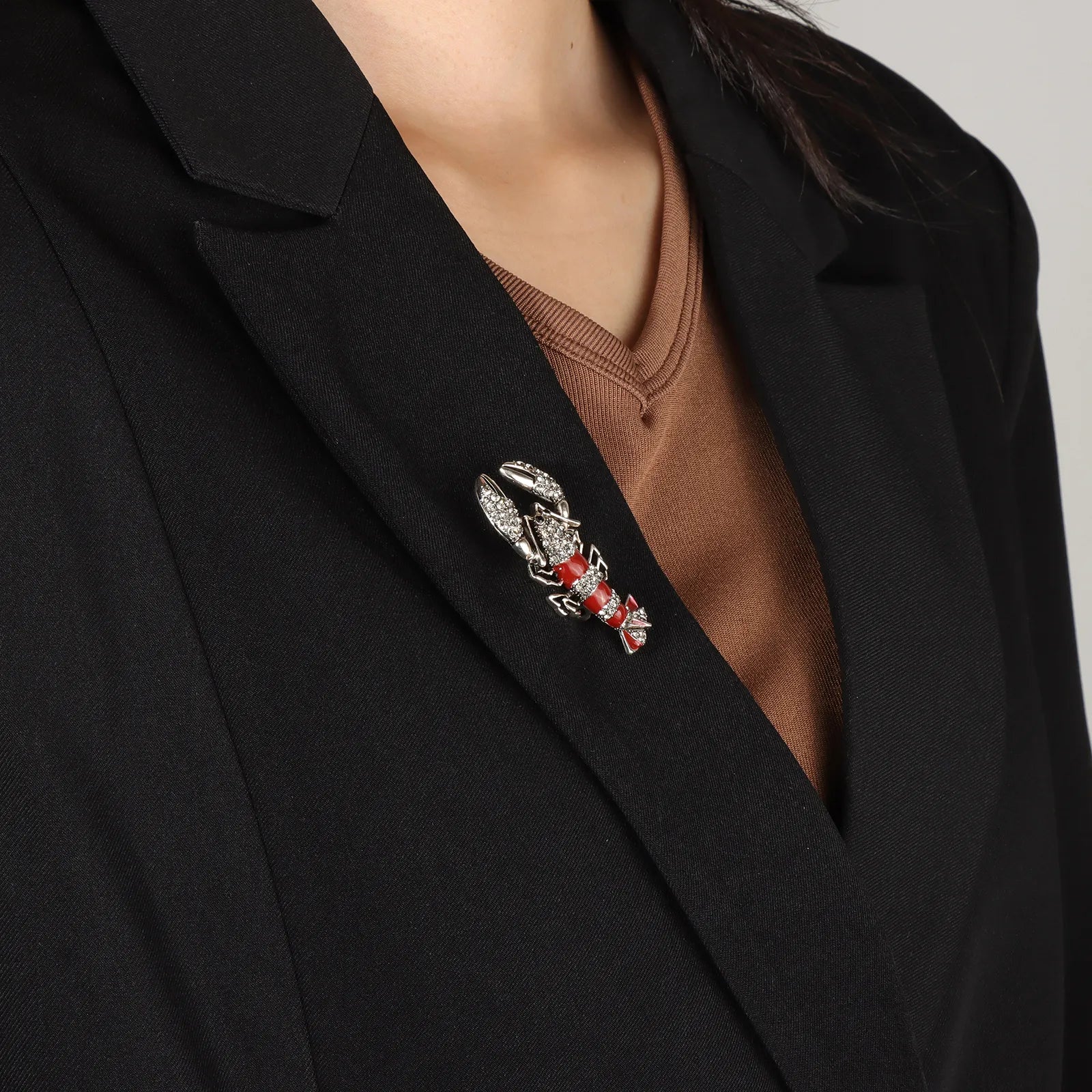 Ajatine red lobster brooch with crystal, fashion animal jewelry