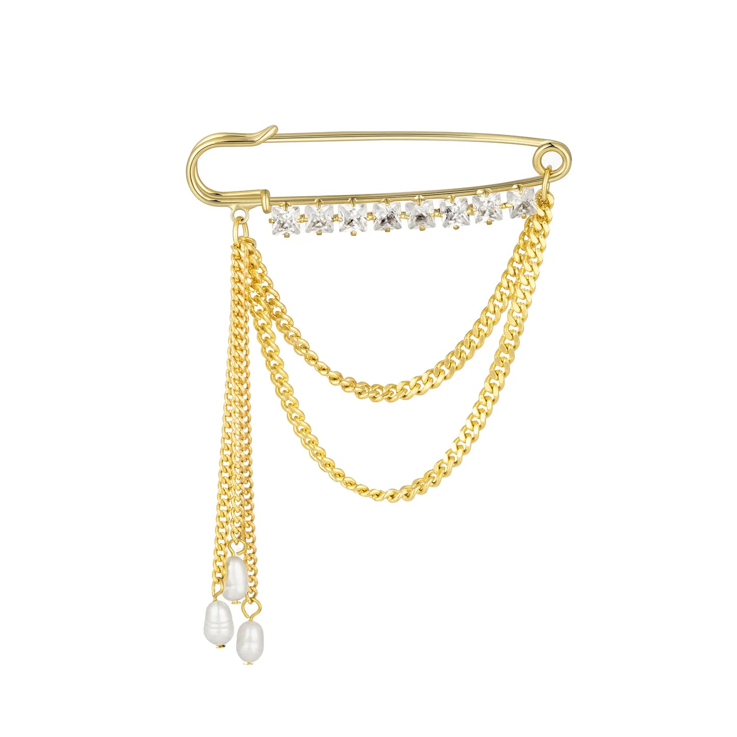 Ajatine safety pin brooch with crystals and pearl tassels, elegant fashion accessory