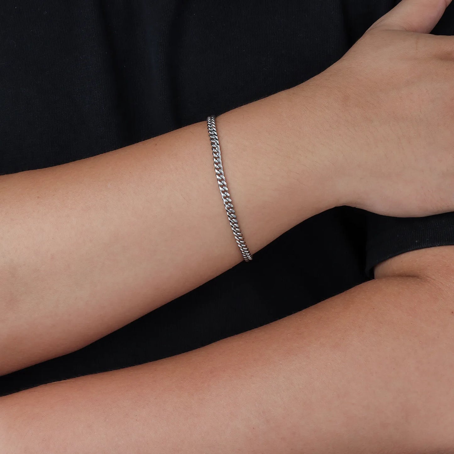 Ajatine silver Cuban link bracelet, fashion simple stainless steel chain jewelry