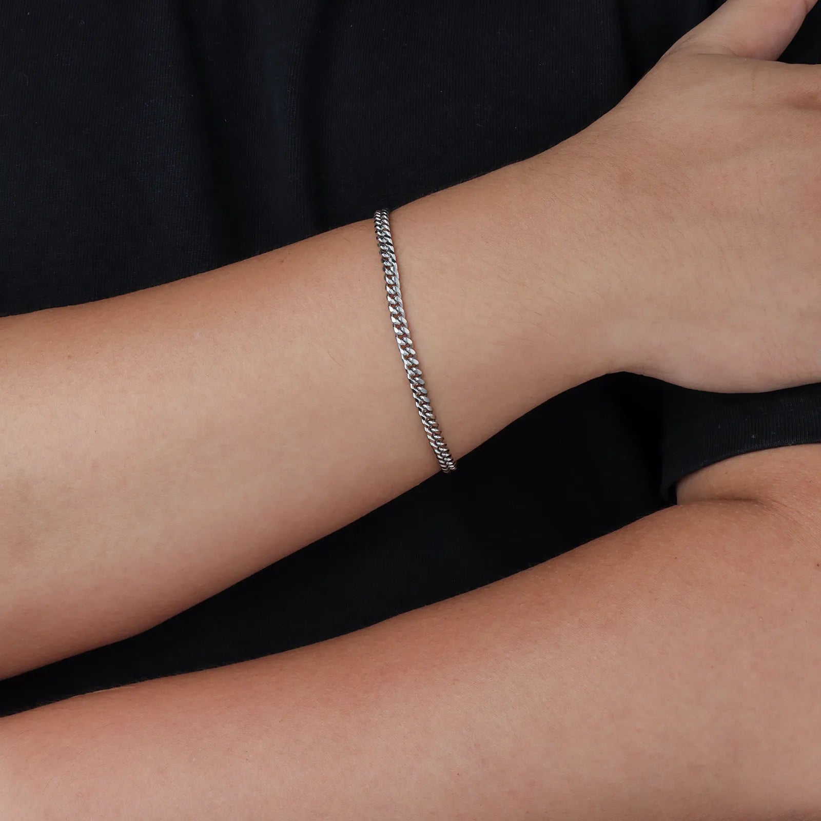 Ajatine silver Cuban link bracelet, fashion simple stainless steel chain jewelry