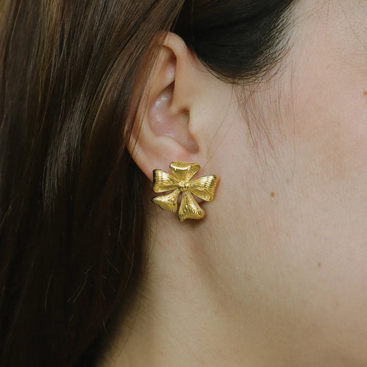 Gold Bow Stud Earrings Textured Ribbon Design