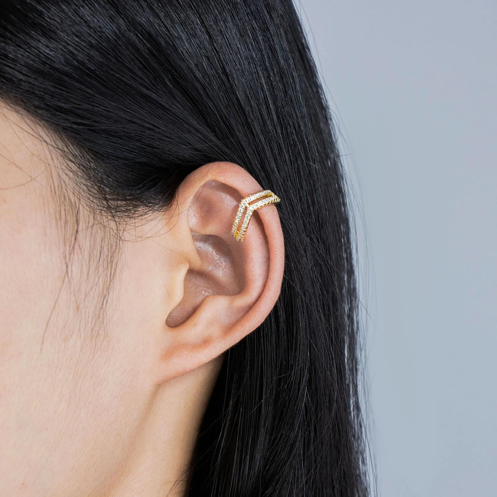 Ajatine gold ear cuffs with double row pave zircon stones, stylish and elegant ear jewelry