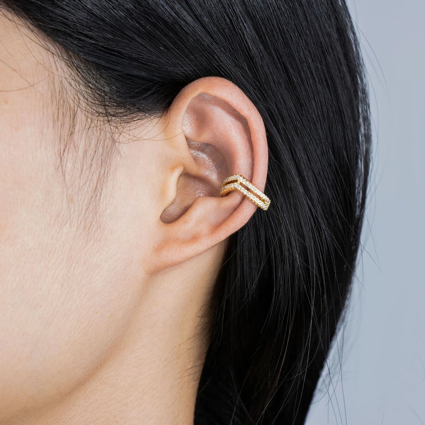Ajatine gold ear cuffs with double row pave zircon stones, stylish and elegant ear jewelry