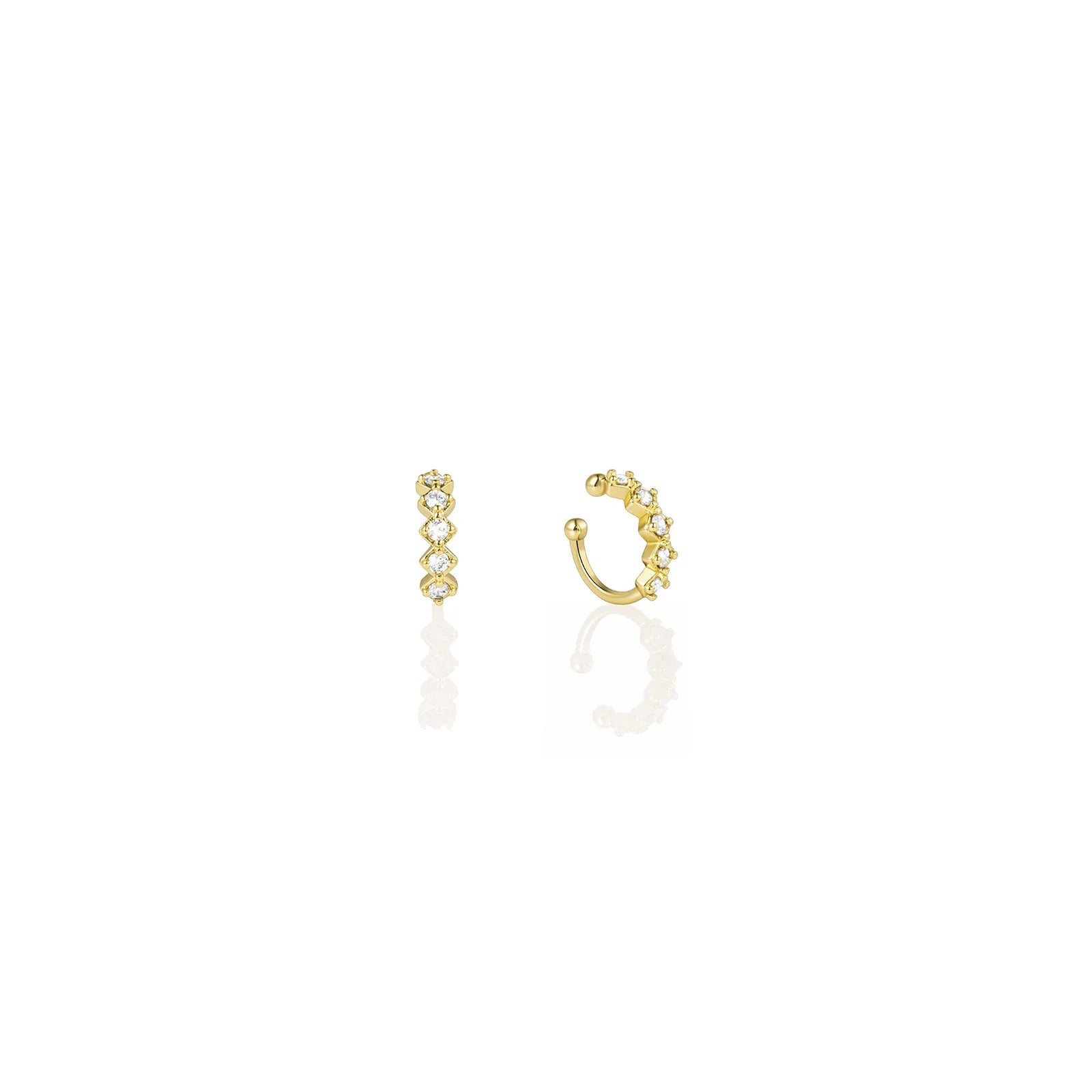 Gold ear cuffs with round zirconia design and zircon stones, stylish ear jewelry for women