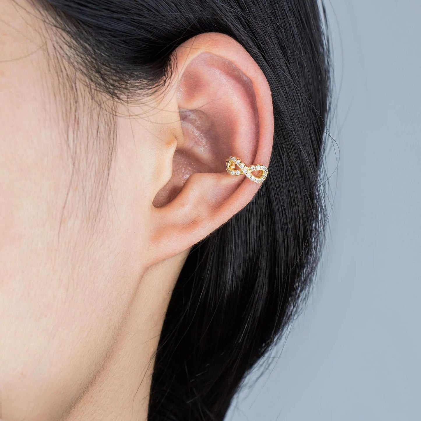 Gold ear cuffs with sparkling zirconia, infinity shape, cute and dainty ear jewelry
