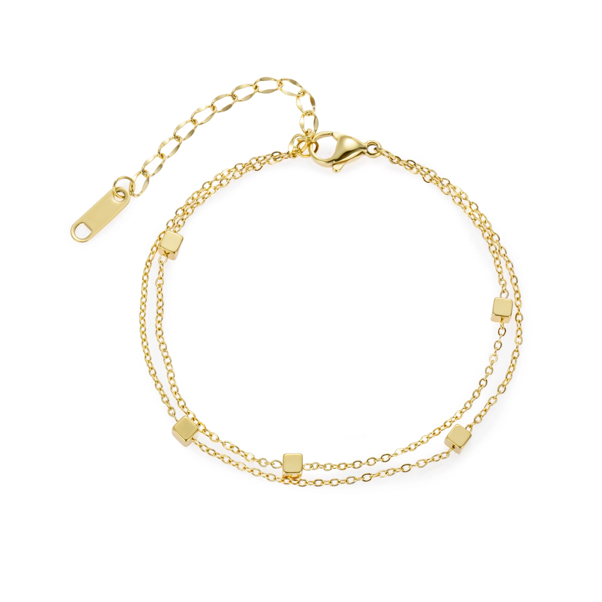 Gold Tone Double Layer Chain Bracelet with Cube Beads for Women